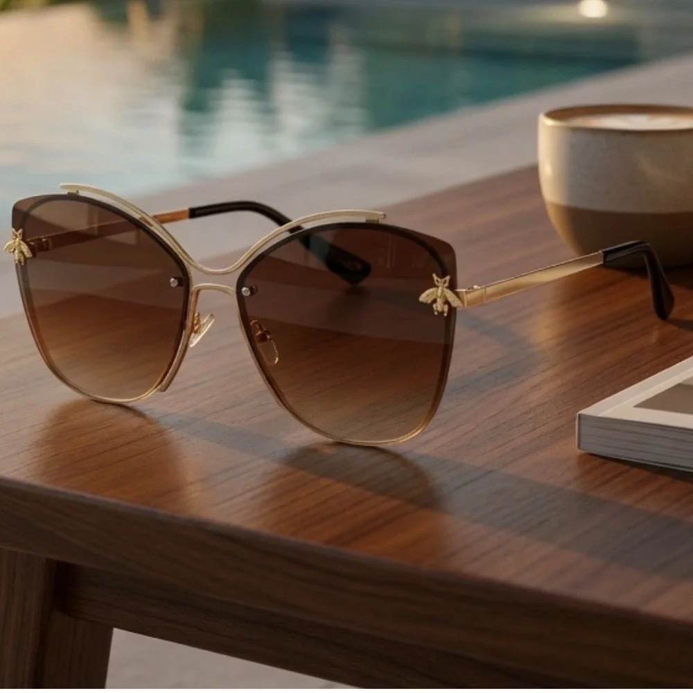 Brown Gradient Rimless Butterfly Womens Luxury Shades Cat Eye Sunglasses‎ Lentes